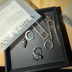 Ask & Embla Silver Skull and Crescent Earrings